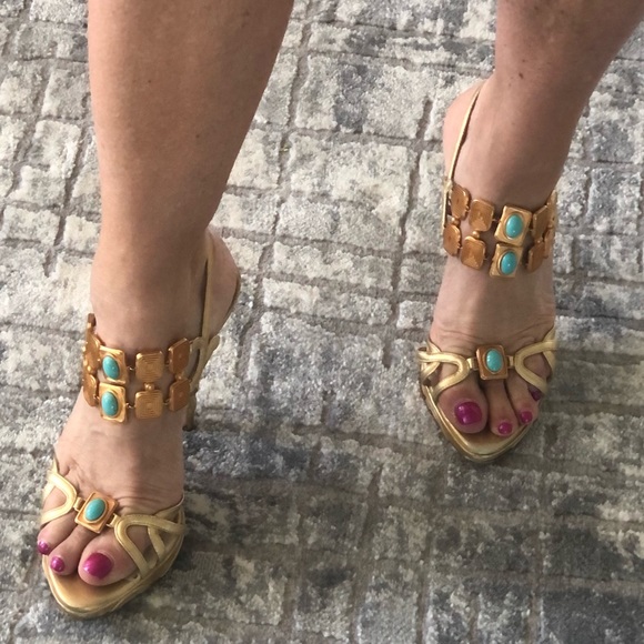 Dior gold and torquoise sz 6.5 platform sandal - Picture 2 of 7